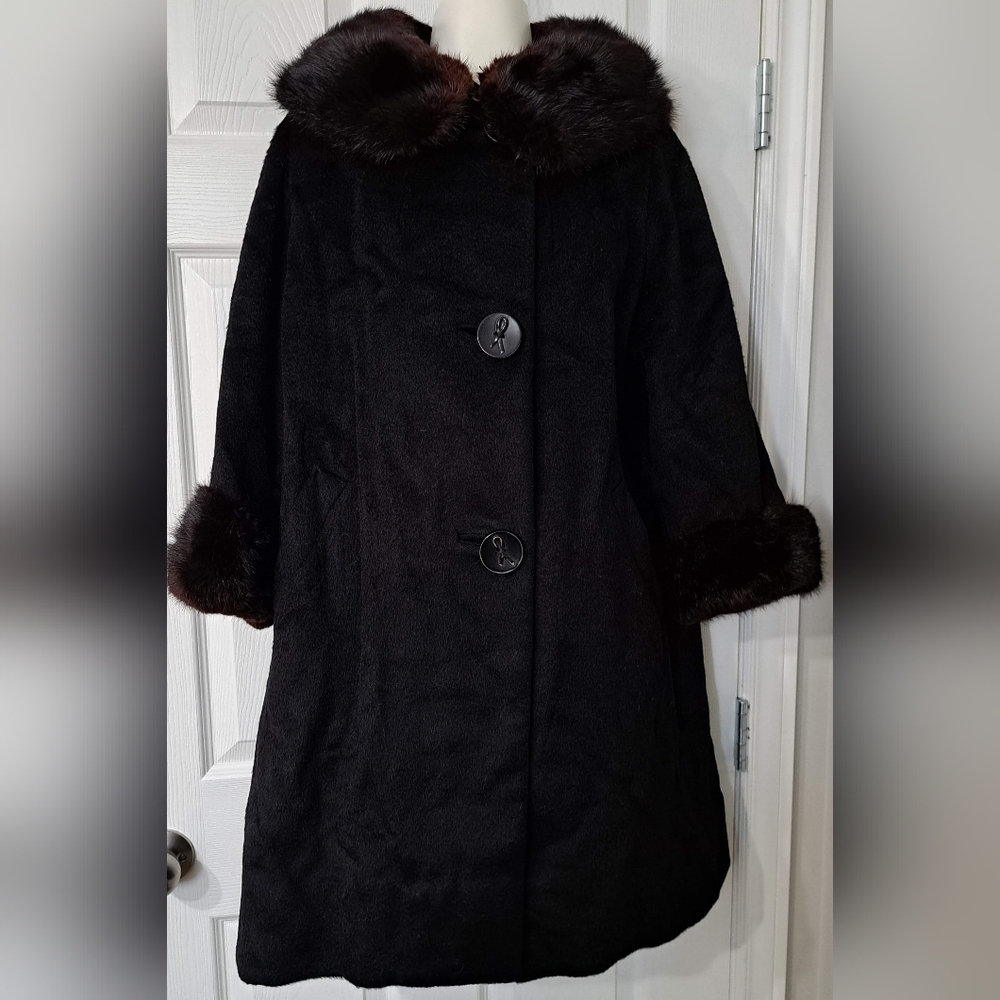 Vintage Black Wool Dress Coat with Fur Collar & Cuffs